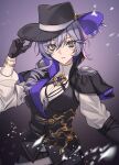  1girl black_background black_gloves black_hat blue_eyes breasts commentary_request detective_(silver_palace) drill_hair drill_sidelocks fedora gloves gold_jewelry gradient_background hair_between_eyes hand_on_headwear hat hat_feather highres jewelry kagura_xii light_particles long_hair long_sleeves looking_at_viewer medium_breasts munin_(silver_palace) necklace parted_lips purple_background purple_hair red_pupils shirt sidelocks silver_palace single_drill solo two-sided_fabric two-sided_headwear vest waistcoat white_shirt 