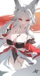  1girl absurdres animal_ear_fluff animal_ears arm_under_breasts bare_shoulders black_dress breasts chest_tattoo cleavage commentary detached_sleeves dress fingernails forehead_tattoo fox_ears fox_girl hair_ornament hel1o highres hsin_(wuthering_waves) large_breasts licking licking_finger licking_own_finger long_fingernails long_hair looking_at_viewer nail_polish orange_eyes red_nails solo tattoo very_long_fingernails white_hair wuthering_waves 