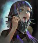  black_sclera blue_eyes blue_hair holding long_hair looking_at_viewer multicolored_hair open_mouth original purple_hair scar solo square_pupils teeth visqi 