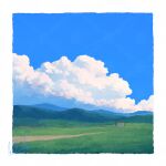  alu.m_(alpcmas) blue_sky border cloud cloudy_sky commentary_request contrail day field highres hill landscape no_humans original outdoors path scenery shack signature sky white_border 