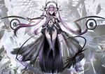  1girl absurdres black_boots black_dress black_horns boots breast_cutouts check_copyright cleavage_cutout closed_mouth clothing_cutout commentary_request copyright_request dress fingernails floating full_body gawako halo highres horns long_fingernails long_hair long_sidelocks looking_at_viewer original purple_eyes purple_hair shoulder_cutout sidelocks solo stomach_cutout straight-on thigh_boots twintails very_long_hair 