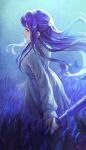  1girl absurdres commentary dress fern_(sousou_no_frieren) grass hair_ornament highres holding holding_staff long_hair mage_staff porukana purple_eyes purple_hair solo sousou_no_frieren staff white_dress 