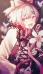  1girl :d blurry blurry_background bow bow_flower bug butterfly commentary_request cross-laced_clothes cross-laced_dress dress fang frilled_dress frills gradient_hair hair_bow hair_ornament highres holding holding_microphone holding_microphone_stand karaoke_manekineko lolita_fashion long_sleeves mahou_shoujo_no_majo_saiban microphone microphone_stand multicolored_hair official_alternate_costume open_mouth pink_bow pink_eyes pink_hair ritzchrono sakuraba_ema short_hair skin_fang smile solo upper_body white_dress white_hair x_hair_ornament 