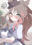  1girl absurdres animal_ears arnolddayo blush bow bowtie breasts brown_hair closed_mouth commentary_request crossed_arms ears_through_headwear fedora forever_young_(umamusume) frown green_eyes hat highres horse_ears horse_girl large_breasts long_hair looking_at_viewer multicolored_hair puffy_short_sleeves puffy_sleeves purple-tinted_eyewear purple_bow purple_bowtie purple_shirt red-tinted_eyewear red_streaks sailor_collar sailor_shirt school_uniform shirt short_sleeves skirt solo squiggle streaked_hair summer_uniform sunglasses sweatdrop tinted_eyewear tracen_school_uniform umamusume white_sailor_collar white_skirt white_streaks 