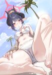  1girl absurdres barefoot bikini black_hair black_horns blue_archive blue_sky breasts brown_shrug chiaki_(blue_archive) chiaki_(swimsuit)_(blue_archive) commentary curved_horns day demon_horns fishnet_shrug halo highres horns large_breasts long_hair looking_at_viewer multicolored_horns navel o-ring o-ring_bikini o-ring_top official_alternate_costume outdoors palm_tree pointy_ears red_eyes red_halo shrug_(clothing) sitting sky solo swimsuit tree two-tone_horns weeyi white_bikini 