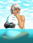 bangs barefoot black_eyes blue_sky character_request cloud cloudy_sky commentary_request day full_body gauntlets grin implied_sex indian_style looking_to_the_side male_focus nude ocean outdoors p2_(prisoner24601) romancing_saga_3 saga sanpaku sitting sky smile snowman solo white_hair 