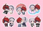  1boy 1girl absurdres ahoge alternate_costume armband black_bow black_hair black_hairband black_jacket black_streaks blue_eyes blush bow braid chibi chibi_only chinese_clothes commentary_request couple gloves grey_hair grey_jacket grid_background hair_bow hair_ornament hairband hairclip hetero highres holding holding_hands holding_microphone holding_microphone_stand holding_umbrella hood hoodie instrument jacket jacket_over_hoodie keyboard_(instrument) kirifuji_nozomi kiss kissing_forehead last_defense_academy_school_uniform long_hair looking_at_viewer microphone microphone_stand mole mole_under_eye multicolored_hair multiple_hairclips necktie official_alternate_costume one-piece_swimsuit open_mouth outline pants pink_background punk purple_eyes purple_jacket red_hair school_uniform shirt short_hair simple_background skirt smile streaked_hair sumino_takumi swimsuit the_hundred_line_-last_defense_academy- tokiame_sigure two-tone_hair umbrella water white_armband white_gloves white_hair white_hoodie white_outline white_shirt 