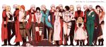  6+girls bandaged_head bandages bell belt belt_buckle black_hair blonde_hair blue_coat blush boots braid brown_hair buckle coat collar covering_mouth crossed_arms crying dante_(devil_may_cry) devil_may_cry devil_may_cry_(anime) devil_may_cry_2 devil_may_cry_3 devil_may_cry_4 dmc:_devil_may_cry dress fingerless_gloves formal gilver gloves hand_over_own_mouth highres jester_(dmc3) jewelry kat_(devil_may_cry) kyrie long_hair lucia_(devil_may_cry) medium_hair multiple_boys multiple_girls necklace nero_(devil_may_cry) open_mouth orange_hair patty_lowell red_coat scar short_hair short_shorts shorts simple_background smile standing stepped_on stepping suit sweatdrop trish_(devil_may_cry) vergil white_background white_hair yunako_(nkmichi) 