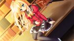  1girl akashi_kokoro arm_at_side arm_support black_sailor_collar black_skirt blonde_hair blue_eyes bookshelf bow bowtie breasts buttons chair closed_mouth cross-laced_clothes double-breasted dutch_angle evening frilled_skirt frills game_asset grey_thighhighs hair_ribbon half_updo hand_on_own_stomach hand_on_table head_tilt indoors juliet_sleeves knees_together_feet_apart long_hair long_sleeves looking_at_viewer minase_lin miniskirt non-web_source official_art on_table orange_memories pink_ribbon pleated_skirt puffy_sleeves red_shirt ribbon sailor_collar school_uniform self-datamine shirt shoes side_ponytail single_sidelock sitting skirt sleeve_cuffs small_breasts solo table teardrop thighhighs tress_ribbon uwabaki wavy_hair white_shoes yellow_bow yellow_bowtie 