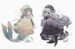  2girls back_bow black_bow black_dress black_eyes black_hairband blue_eyes blue_hair bow bowtie bubble clam_shell_ornament corset cross-laced_clothes cross-laced_sleeves crying crying_with_eyes_open dog dress ghost grey_hair hairband hand_to_own_mouth highres juliet_sleeves layered_dress layered_sleeves lolita_hairband long_hair long_sleeves merfolk mermaid monster_girl multiple_girls naiguozi original own_hands_together puffy_sleeves rabbit sample_watermark scylla see-through_bow see-through_clothes see-through_dress see-through_veil smile string_of_pearls striped_bow tears tentacles veil very_long_hair watermark wavy_hair white_background white_bow white_bowtie white_corset white_dress white_hairband white_veil 