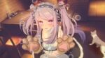  1girl 3d alternate_costume alternate_hairstyle animal_ears animal_hands cat choker commentary frilled_choker frills gloves highres horse_ears horse_girl horse_tail koikatsu_(medium) long_hair looking_at_viewer maid maid_headdress mejiro_mcqueen_(umamusume) paw_gloves purple_eyes purple_hair ribbon skirt smile solo tail two_side_up umamusume unconventional_maid yooo_jun 