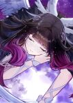 1girl arm_strap black_hair blunt_bangs bow closed_eyes closed_mouth coat colored_inner_hair columbina_(genshin_impact) commentary_request eye_mask eyelashes fatui_coat feathered_wings full_moon fur-trimmed_coat fur_trim genshin_impact gradient_hair hair_ornament hair_tubes head_wings highres holding holding_moon long_hair lying mask moon multicolored_hair multiple_wings on_stomach pink_lips purple_hair shiromiya_shino sidelocks solo star_(sky) starry_sky_background two-tone_hair very_long_hair wavy_hair white_bow white_mask wings wrist_bow 