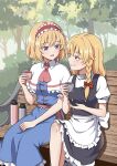  2girls absurdres alice_margatroid apron ascot back_bow bench black_skirt black_vest blonde_hair blue_dress blue_eyes blush bow braid capelet commentary_request commission dress eye_contact frilled_hairband frilled_skirt frills grin hair_bow hairband highres holding kirisame_marisa kiyo_(kiyo_mariari) long_hair looking_at_another missing_headwear multiple_girls on_bench open_mouth outdoors pink_ascot pink_sash puffy_short_sleeves puffy_sleeves red_bow red_hairband sash short_hair short_sleeves side_braid single_braid sitting skeb_commission skirt smile steam thermos touhou tree vest waist_apron waist_sash white_apron white_bow white_capelet yellow_eyes 
