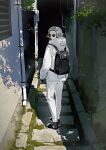  1boy alley aotsuki_eito backpack bag black_bag black_gloves black_shoes building chinese_commentary closed_eyes commentary_request coryco facing_viewer from_behind gloves grey_hair highres jacket looking_back male_focus pants parted_lips shoes short_hair solo sunglasses the_hundred_line_-last_defense_academy- white_jacket white_pants 
