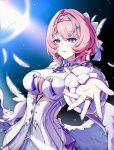  1girl breasts cleavage commentary dress dvinkyn english_commentary falling_feathers feathered_wings feathers highres large_breasts looking_at_viewer medium_hair outstretched_arm pink_hair purple_eyes remielle_dan smile solo white_dress white_feathers white_wings wings zenless_zone_zero 