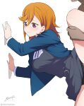  1boy 1girl absurdres alterrealzero blue_jacket dress grey_dress hair_between_eyes hetero highres holding_another's_leg implied_sex jacket long_hair love_live! love_live!_superstar!! orange_hair purple_eyes school_uniform shibuya_kanon white_background yuigaoka_school_uniform 