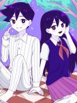 1boy 1girl antenna_hair arm_support barefoot blush bright_pupils collared_pajamas collared_shirt colored_skin commentary_request double-parted_bangs hair_behind_ear hair_between_eyes hero_(headspace)_(omori) hero_(omori) long_hair long_sleeves mari_(headspace)_(omori) mari_(omori) neckerchief omori open_mouth pajamas pants parted_lips pleated_skirt purple_eyes purple_hair purple_sky purple_sweater_vest red_neckerchief red_skirt ryo_pen17 shirt short_hair short_sleeves skirt sky smile striped_clothes striped_pajamas striped_pants sweater_vest teeth upper_teeth_only vertical-striped_clothes vertical-striped_pajamas vertical-striped_pants white_pajamas white_pants white_pupils white_shirt white_skin 