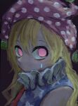  1girl american_flag american_flag_print black_background blonde_hair clownpiece commentary_request facial_mark flag_print hat highres jester_cap long_hair looking_at_viewer neck_ruff no_mouth no_pupils omaega_chan pink_eyes polka_dot_headwear portrait sideways_glance simple_background solo teardrop_facial_mark touhou 