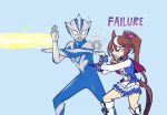  1boy 1girl alien animal_ears ascot asymmetrical_gloves blue_background blue_eyes blue_skin boots brown_hair capelet color_timer colored_skin commentary crossover dorsal_fin emeruga energy_beam english_text epaulettes failure feet_out_of_frame firing frilled_skirt frills gloves highres horse_ears horse_girl horse_tail jacket knee_boots long_hair long_sleeves looking_at_another mismatched_gloves multicolored_hair multicolored_skin name_connection no_pupils notice_lines pink_ascot pleated_skirt pointy_ears ponytail red_capelet silver_skin simple_background single_epaulette skirt smoke streaked_hair tail tokai_teio_(peak_joy)_(umamusume) tokai_teio_(umamusume) tokusatsu two-tone_skin ultra_beam ultra_series ultraman_max_(series) ultraman_teo ultraman_teo_(series) umamusume white_boots white_gloves white_jacket white_skirt 