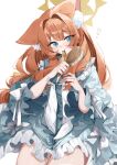  1girl absurdres alternate_costume animal_ear_fluff animal_ears blue_archive blue_dress blue_eyes blush brushing_hair cat_ears cat_girl commentary dress frilled_dress frills hair_brush hair_tie_in_mouth hairdressing halo hand_in_own_hair highres holding holding_hair_brush holding_own_hair long_hair mamiya076 mari_(blue_archive) mouth_hold orange_hair ribbon ribbon_in_mouth short_dress sidelocks smile solo very_long_hair yellow_halo 