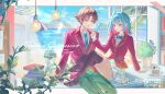  1boy 1girl absurdres advanced_nurturing_high_school_uniform ayanokouji_kiyotaka beach bird black_shoes black_thighhighs blazer blue_bow blue_bowtie blue_hair blue_necktie book book_stack bow bowtie brown_eyes brown_hair cake cake_slice collared_shirt commentary commission day food green_pants highres jacket light_bulb medium_hair multicolored_hair necktie oc_x_canon open_mouth original pants pink_hair plant pleated_skirt popsicle red_jacket school_uniform seagull shirt shoes short_hair sitting skirt sunlight thighhighs two-tone_hair vase white_shirt white_skirt yellow_eyes youkoso_jitsuryoku_shijou_shugi_no_kyoushitsu_e zante_(0xx0xzt) 