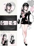  1girl alien_stage alternate_costume balloon black_dress black_hair black_shoes bouquet chinese_commentary commentary_request dress flower grey_hairband grey_socks hairband heart_balloon highres holding holding_bouquet juliet_sleeves lolo_(myon_creative) long_sleeves merchandise_available pink_flower pink_rose puffy_sleeves rose shoes short_dress short_hair socks solo sua_(alien_stage) white_background 