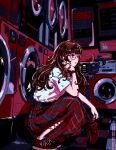  1girl absurdres animal artist_name bag cat commentary_request curled_ends dated elbow_on_knee elbow_rest from_side full_body glasses hand_rest hand_up handbag highres indoors laundromat long_hair long_skirt multiple_monochrome original pink_shirt plaid_clothes plaid_skirt red_bag red_eyes red_hair red_shoes red_skirt round_eyewear shirt shoes short_sleeves skirt sleeping_animal sneakers solo squatting t-shirt tile_floor tiles tkdoodle washing_machine watch wristwatch 
