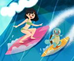 1girl 526_min barefoot bikini black_hair brown_eyes commentary_request fangs green_bikini long_hair nostrils ocean open_mouth pokemon pokemon_(creature) pokemon_sun_and_moon red_eyes selene_(pokemon) squirtle summer surfboard surfing swimsuit waves 