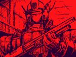  assault_visor av-98_ingram building bulletproof_vest commentary_request gun holding holding_weapon kidou_keisatsu_patlabor kidou_keisatsu_patlabor_2_the_movie looking_at_viewer lowres mecha monochrome no_humans nyaou oekaki police radio_antenna reactive_armor red_light robot s.w.a.t. science_fiction shotgun sketch weapon 