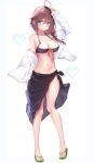  1girl ahoge bikini black_bikini black_sarong blue_eyes braid breasts brown_hair commentary_request full_body hair_between_eyes hair_flaps hair_over_shoulder hasaki_(alice_ruru) highres kantai_collection long_hair long_sleeves medium_breasts navel open_clothes open_shirt sailor_bikini sailor_collar sarong shigure_(kancolle) shigure_kai_ni_(kancolle) shigure_kai_ni_(swimsuit)_(kancolle) shirt single_braid solo swimsuit white_shirt 