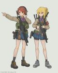 2girls ammunition_pouch armband assault_rifle bald bare_legs belt black_socks blonde_hair blue_coat blue_skirt boots bow briefcase brown_eyes cardigan chest_rig coat commentary_request full_body gloves grey_background grey_cardigan grey_coat gun handgun headset highres howa_type_89 id_card mifune_(_mifune_707) military multiple_boys multiple_girls multiple_weapons open_mouth original overcoat pouch purple_armband purple_bow red_armband red_hair rifle road shirt short_hair short_twintails simple_background skirt socks standing tactical_clothes twintails utility_belt weapon white_gloves white_shirt 