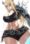  1girl abs armor belt_buckle black_horns black_shorts blonde_hair blue_eyes blush breadcavity breasts buckle cleavage cleavage_cutout clothing_cutout curvy energy_sword fingerless_gloves gauntlets gloves heavy_breathing highres holding holding_sword holding_weapon horns huge_breasts long_hair magik_(x-men) marvel marvel_rivals midriff navel pauldrons shorts shoulder_armor shoulder_spikes single_gauntlet single_pauldron solo spiked_pauldrons spikes standing superhero_costume sweat sword thick_thighs thighs variant_set variant_set_available weapon x-men 