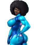  afro alternate_hair_color alternate_hairstyle alternate_skin_color ass big_hair black_hair blue_bodysuit bodysuit breasts commentary covered_nipples cowboy_shot curvy dark_skin english_commentary green_eyes hand_on_own_ass highres large_breasts lips lipstick looking_back makeup metroid nikcesco nose pink_lipstick samus_aran skin_tight solo toned transparent_background very_dark_skin zero_suit 