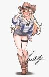  1girl absurdres blonde_hair blue_eyes boots breasts brown_hat cleavage commentary_request cowboy_boots cowboy_hat cowgirl_(western) denim denim_shorts furaggu_(frag_0416) garter_straps hair_between_eyes hat highres iowa_(kancolle) iowa_(setsubun)_(kancolle) kantai_collection large_breasts long_hair long_sleeves looking_at_viewer official_alternate_costume shirt shorts single_garter_strap solo standing star-shaped_pupils star_(symbol) striped_clothes striped_shirt symbol-shaped_pupils thigh_strap vertical-striped_clothes vertical-striped_shirt very_long_hair 