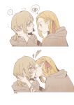 2girls blonde_hair blush brown_cloak brown_hair cloak commentary dungeon_meshi elf english_commentary falin_touden falin_touden_(tallman) flying_sweatdrops hair_ribbon heart highres kiss long_hair marcille_donato multiple_girls murmur_(kim0222dr5) pointy_ears red_ribbon ribbon simple_background spoken_expression spoken_squiggle squiggle unusually_open_eyes white_background yuri 