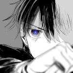  1boy blue_eyes close-up co_ay commentary_request foreshortening gakuran glowing glowing_eye hair_between_eyes holding holding_knife knife looking_at_viewer male_focus messy_hair monochrome mystic_eyes_of_death_perception nanatsu-yoru outstretched_hand reverse_grip school_uniform short_hair sketch solo staring tohno_shiki tsukihime 