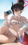  1girl ;) bikini black_hair black_horns blue_archive blue_sky bottle breasts camera chiaki_(blue_archive) chiaki_(swimsuit)_(blue_archive) commentary demon_girl demon_horns drink fishnet_shrug halo highres holding holding_bottle holding_camera holding_drink horns looking_at_viewer medium_breasts navel ocean official_alternate_costume one_eye_closed pointy_ears red_eyes red_halo see-through_clothes see-through_shrug short_hair shrug_(clothing) sky smile solo stomach swimsuit thighs white_bikini yidh_79 