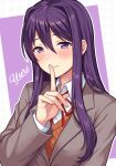  1girl absurdres blazer blush border buttons character_name collared_shirt commentary_request doki_doki_literature_club english_text eyelashes finger_to_mouth grey_jacket grid_background hair_behind_ear hair_between_eyes hair_intakes highres jacket light_smile long_hair long_sleeves looking_at_viewer makito.01 neck_ribbon official_style orange_sweater_vest purple_background purple_eyes purple_hair raised_eyebrows red_ribbon ribbon shiny_eyes shirt solo sweater_vest two-tone_background white_border white_shirt wispy_bangs yuri_(doki_doki_literature_club) 