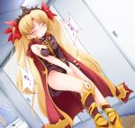  1girl anbee_(arary) armored_boots bangs between_legs black_leotard blonde_hair blush boots bow breasts cape crown detached_collar door dutch_angle earrings embarrassed ereshkigal_(fate/grand_order) eyebrows_visible_through_hair eyes_closed fate/grand_order fate_(series) female hair_bow hand_between_legs hands_together have_to_pee highres indoors japanese_text jewelry leotard long_hair medium_breasts peeing peeing_self pigeon-toed puddle red_bow red_cape single_sleeve skull solo speech_bubble standing strapless strapless_leotard tears text_focus tied_hair translation_request twintails v_arms very_long_hair wet wet_clothes yellow_footwear 