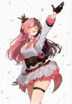  1girl alternate_costume black_corset black_gloves black_ribbon breasts brown_hair cleavage closed_eyes commentary_request confetti corset crown dress facing_to_the_side gloves hair_between_eyes hair_ribbon hand_up highres idol_clothes jewelry layered_skirt long_hair multicolored_hair neck_ribbon pink_hair pink_skirt raised_inner_eyebrows ribbon sidelocks skindentation skirt smile solo standing tachibana_hinano thighlet two-tone_hair virtual_youtuber vspo! white_background yla2hn 