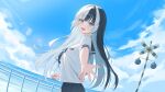  1girl aqua_eyes bird black_bow black_bowtie black_hair black_sailor_collar blue_sky bow bowtie breasts chuukii_(vtuber) cloud commentary_request crossbuck day highres horizon korean_commentary large_breasts multicolored_hair n4_h4m offering_hand open_mouth outdoors railing reaching reaching_towards_viewer road_sign sailor_collar sailor_shirt school_uniform shirt short_sleeves sign sky smile solo two-tone_hair upper_body virtual_creative_zone virtual_youtuber water white_hair white_shirt 