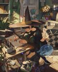  1girl absurdly_detailed_composition alt_text bandaid bandaid_on_face black_hair black_pants black_sweater bonsai bookshelf camera cat cellphone commentary crt door electric_fan english_commentary hat highres holding holding_pencil indoors jewelry knees_to_chest loaded_interior low_ponytail notebook original pants pencil phone plant ponytail potted_plant ring scenery simz sitting slice_of_life smartphone solo sweater witch_hat writing 