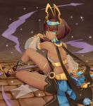  bare_shoulders bareback black_hair blue_eyes commentary_request dark_skin detached_sleeves dragalia_lost egyptian_clothes hair_tubes hat_ornament highres kuroboshi_roki nefaria sandals see-through_sleeves sitting smoke solo thigh_strap 