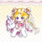  1girl absurdly_long_hair argyle_background back_bow bead_necklace beads blonde_hair bow chibi chinese_commentary closed_mouth commentary_request cone_hair_bun curtains double_bun dreamtime_bestowed_(infinity_nikki) dress eyelashes eyes_visible_through_hair frilled_wrist_cuffs frills gradient_background hair_beads hair_bow hair_bun hair_ornament heart heart_hair_ornament highres horseback_riding infinity_nikki jewelry large_bow layered_dress light_blush long_hair looking_at_viewer medium_dress neck_ribbon necklace nikki_(series) outline outstretched_arm parted_bangs pink_bow pink_dress pink_ribbon pink_shoes pink_wrist_cuffs purple_eyes ribbon riding shoes smile solo strapless strapless_dress tareme twintails two-tone_background unicorn very_long_hair waving wavy_hair white_background white_dress white_outline wrist_cuffs xiaojin_cicizi yellow_background 