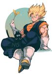  1boy animal black_cat blonde_hair blue_pants blue_shirt boots cat cat_teaser closed_mouth dougi dragon_ball dragon_ball_z earrings gloves green_eyes highres holding holding_cat_teaser jewelry male_focus muscular orange_shirt pants potara_earrings relio_db318 shirt simple_background spiked_hair super_saiyan super_saiyan_1 tama_(dragon_ball) twitter_username vegetto watermark white_background white_boots white_gloves 