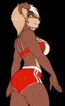  2017 5_fingers anthro big_breasts black_background black_nose blonde_hair bra breasts butt canine clothing dog eyebrows eyelashes female fur hair katherine_redgrave looking_back mammal multicolored_fur porin side_boob simple_background solo swimming_trunks swimsuit tan_fur two_tone_fur underwear yellow_eyes 