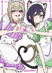  2girls :/ absurdres animal_ears apron asymmetrical_hair between_legs black_hair border brown_hair buttons cat_ears cat_girl cat_tail choker closed_mouth collared_dress commentary cowboy_shot crossed_bangs dress flat_chest frilled_apron frilled_dress frills green_choker green_dress green_eyes hair_between_eyes hand_between_own_legs haraga_kurumi heart heart_hands heart_hands_duo heart_in_heart_hands highres inset_border jitome kimi_no_koto_ga_dai_dai_dai_dai_daisuki_na_100-nin_no_kanojo looking_at_viewer maid_apron maid_headdress multiple_girls official_alternate_costume open_mouth pink_border pink_choker pink_dress pizzayanopunch puffy_short_sleeves puffy_sleeves purple_eyes raised_inner_eyebrows short_dress short_eyebrows short_hair short_sleeves simple_background sutou_iku tail thick_eyebrows underbust untranslatable_commentary v-shaped_eyebrows very_short_hair waitress white_apron white_background 