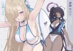 2girls ahoge armpits arms_up asuna_(blue_archive) bare_shoulders bikini black_hair black_shirt blonde_hair blue_archive blue_bikini blue_eyes blush breasts choker cleavage collarbone commentary_request dan_(kumadan) dark-skinned_female dark_skin gradient_bikini gradient_hair grin groin hair_over_one_eye halo highres holding holding_surfboard karin_(blue_archive) large_breasts long_hair looking_at_viewer looking_to_the_side multicolored_hair multiple_girls navel open_clothes open_shirt partially_unzipped ponytail purple_hair purple_halo shirt smile surfboard swimsuit thighs very_long_hair white_bikini yellow_eyes 