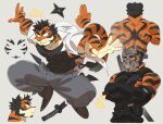  1boy absurdres animal_ears back_muscles bara bare_shoulders ben_(bansak) covered_abs covered_nipples crossed_arms detached_sleeves facial_hair forked_eyebrows from_behind furry furry_male goatee happy_aura highres huge_eyebrows jumping katana kuji-in kunai large_pectorals male_focus mask mature_male midair mouth_mask muscular muscular_male mutton_chops ninja ninja_mask original outstretched_arms pectorals profile reference_sheet short_hair shredded_muscles shuriken smile spread_arms sword tail tiger_boy tiger_ears tiger_tail weapon 