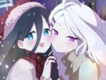  2girls :d absurdres ahoge alternate_costume aris_(blue_archive) black_gloves black_hair black_horns blue_archive blue_eyes blue_halo blush cheek-to-cheek christmas coat commentary_request demon_horns double-parted_bangs dro_(eveveb_414) from_side fur-trimmed_headwear fur_trim gloves grey_coat hair_between_eyes hair_down hair_ornament hairclip halo hat heads_together highres hina_(blue_archive) holding_hands horns interlocked_fingers korean_commentary long_hair looking_at_viewer multiple_girls multiple_horns night outdoors parallel_hairclips parted_bangs purple_eyes purple_sky rectangular_halo red_hat red_scarf santa_hat scarf sidelocks sky smile snow snowing upper_body white_coat white_hair winter_clothes yuri 